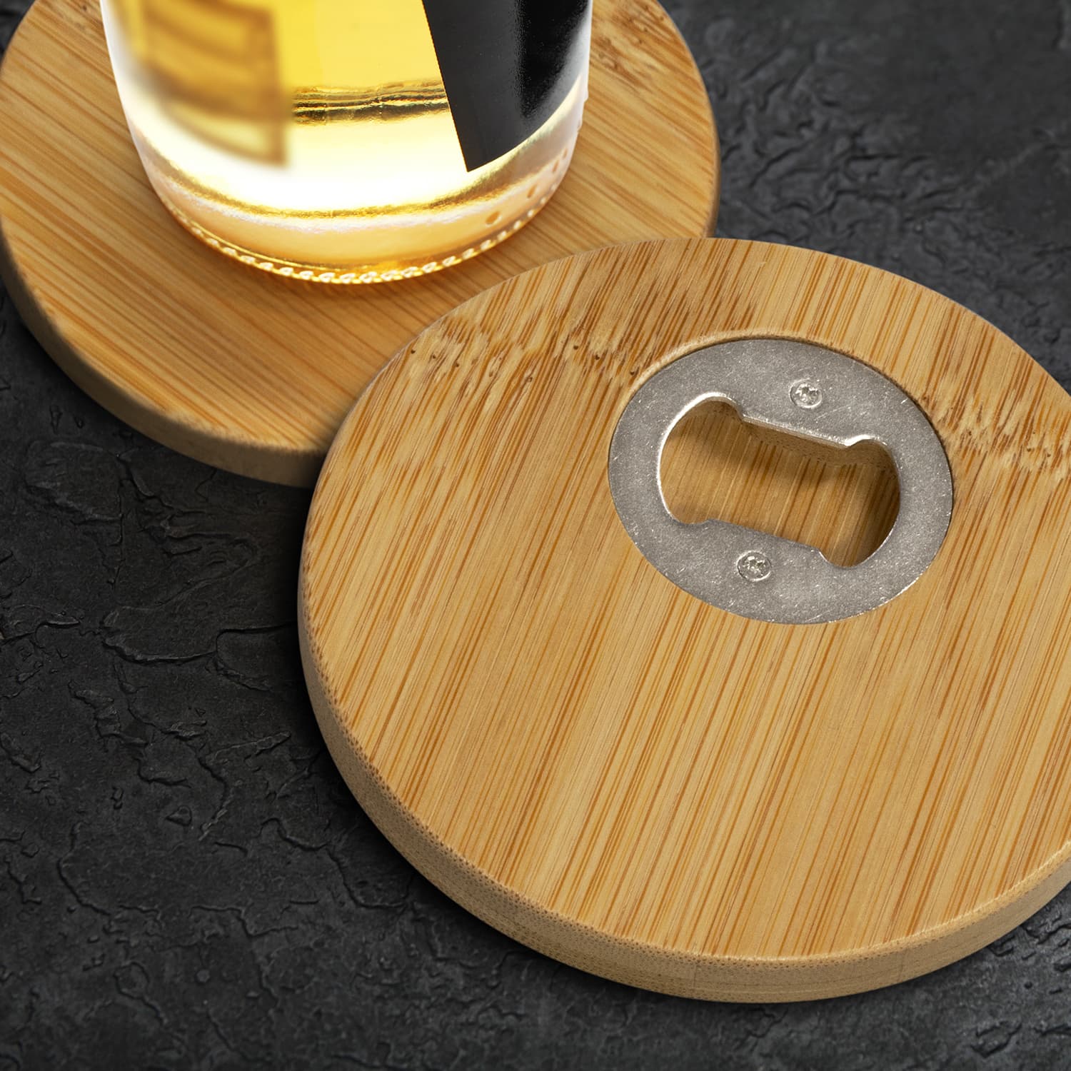 Bamboo Bottle Opener Coaster  Set of 2  Round [3-125550]