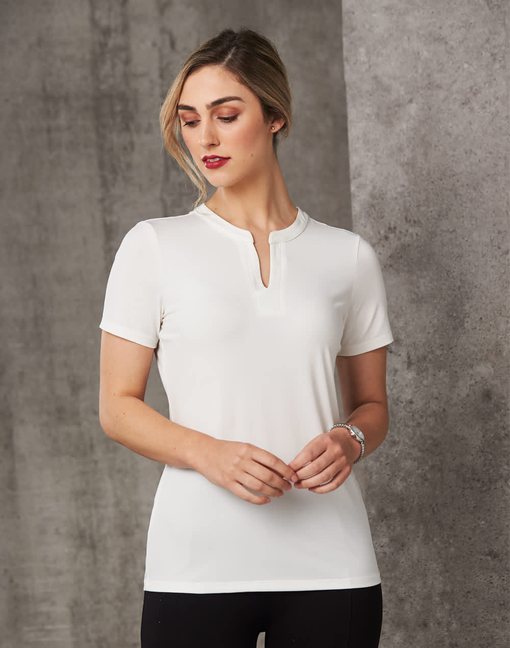 Ladies Vneck with Tab S/S Knit Top [53-M8840]
