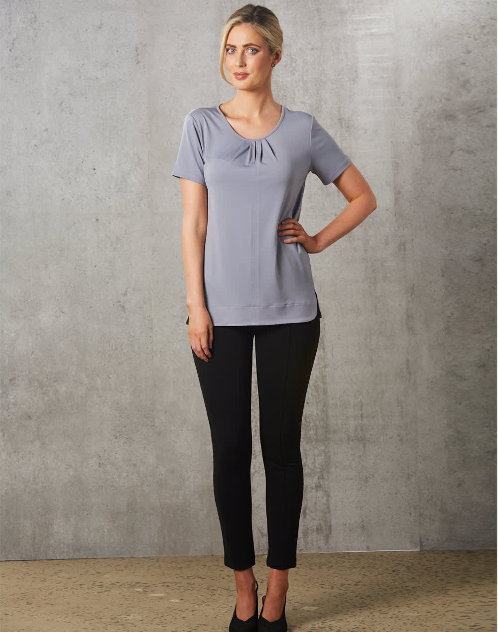 Ladies Round Neck with Pleats S/S Knit Top [53-M8850]
