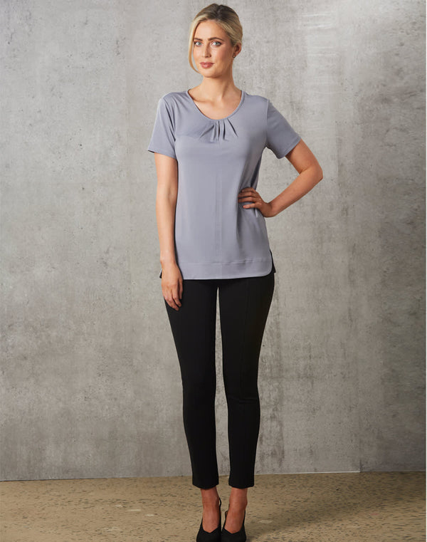 Ladies Round Neck with Pleats S/S Knit Top [53-M8850]