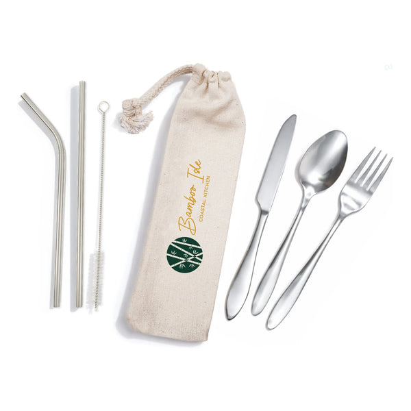 Banquet Stainless Steel Cutlery  Straw Set in Calico Pouch [2-LL8800]