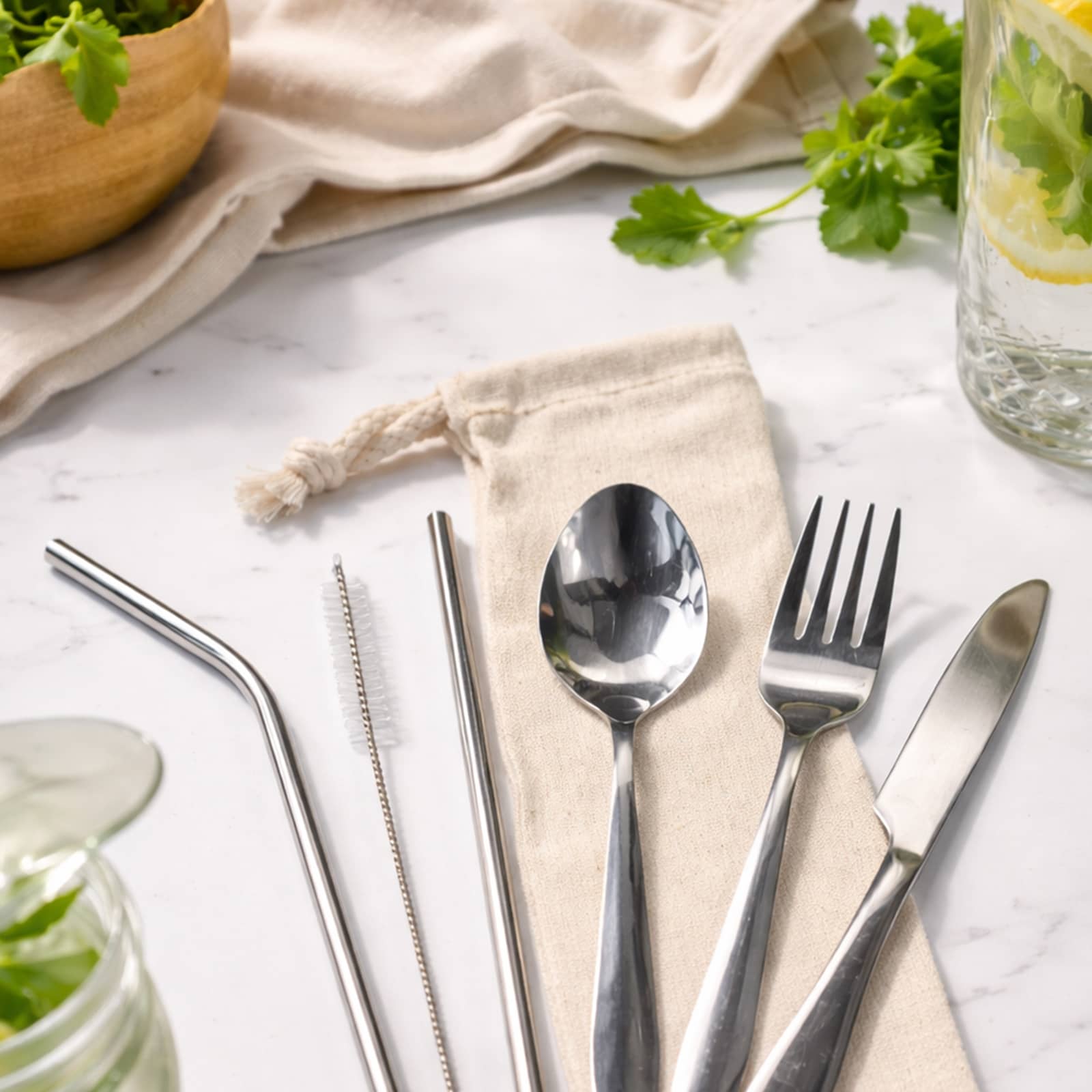 Banquet Stainless Steel Cutlery  Straw Set in Calico Pouch [2-LL8800]
