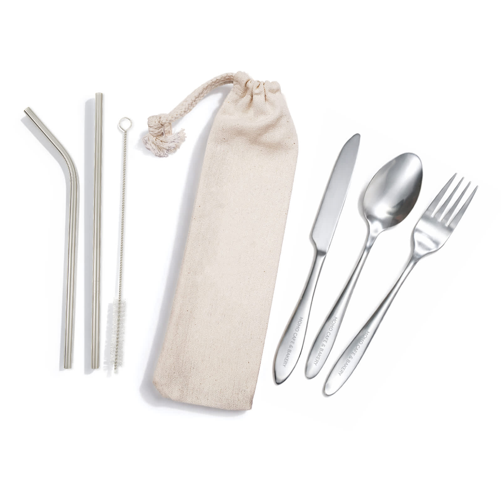Banquet Stainless Steel Cutlery  Straw Set in Calico Pouch [2-LL8800]