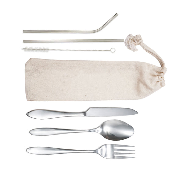 Banquet Stainless Steel Cutlery  Straw Set in Calico Pouch [2-LL8800]