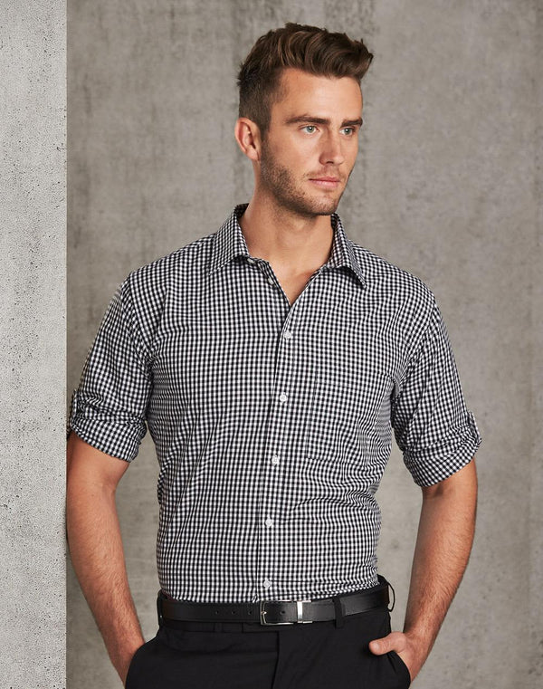 Mens Gingham Check Long Sleeve Shirt With Roll Up Tab Sleeve [53-M7300L]