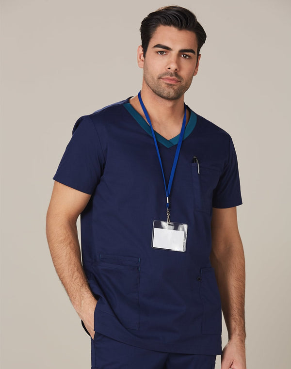 Mens V Neck Contrast Trim Scrub Top [53-M7650]