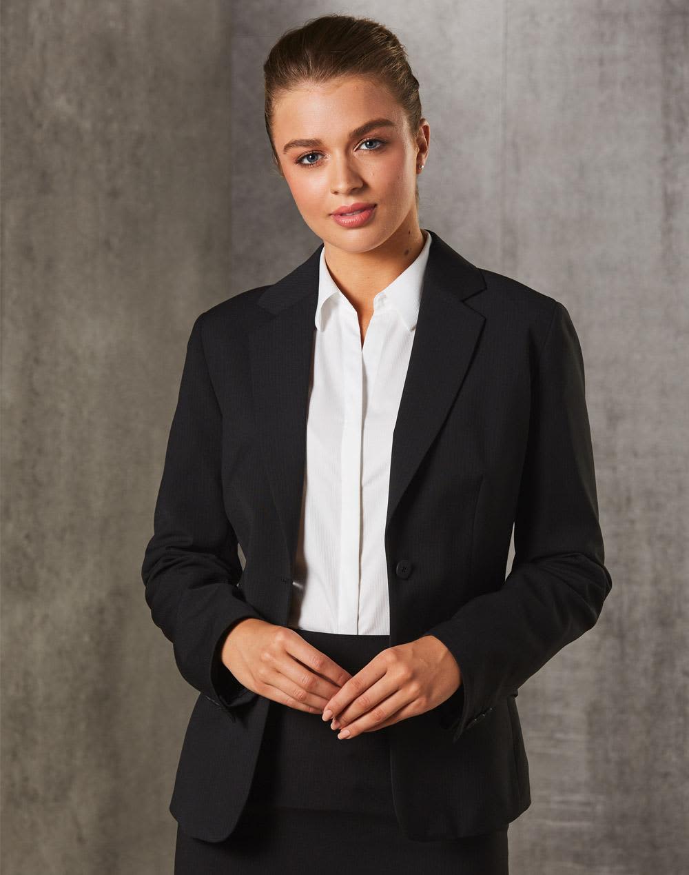 Womens One Button Cropped Jacket in Poly/Viscose Stretch Stripe [53-M9208]