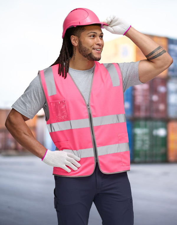 Hi Vis Safety Zip Vest With ID  Utility Pockets [53-SW04]