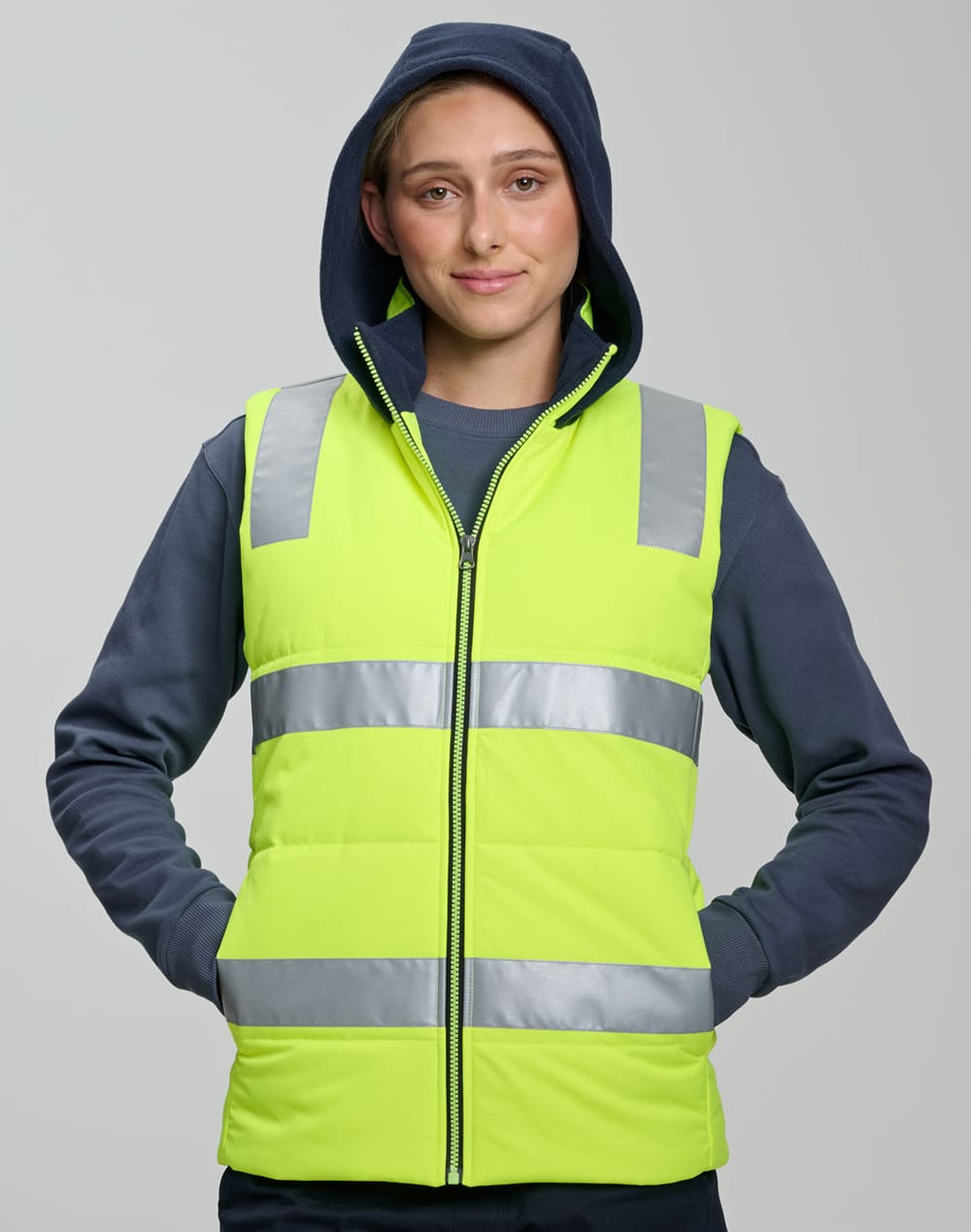Unisex Hi Vis Hooded Puffer Vest [53-SW93]